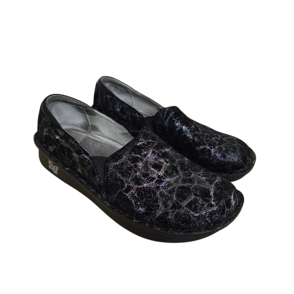 Alegria Debrah Black Metallic Crackle Leather Slip On Loafers DEB-7580 Womens 42